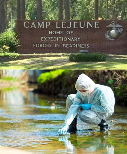 Photograph of a scientist collecting water samples at Camp Lejeune water source